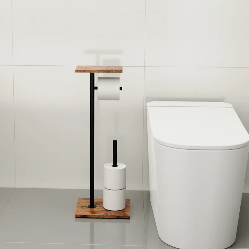 Freestanding Toilet Paper Holder Wood-Look Shelf & Weighted Base