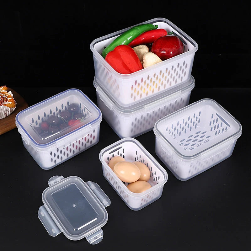 Fridge Storage Box Set Airtight Integrated Drain Stackable