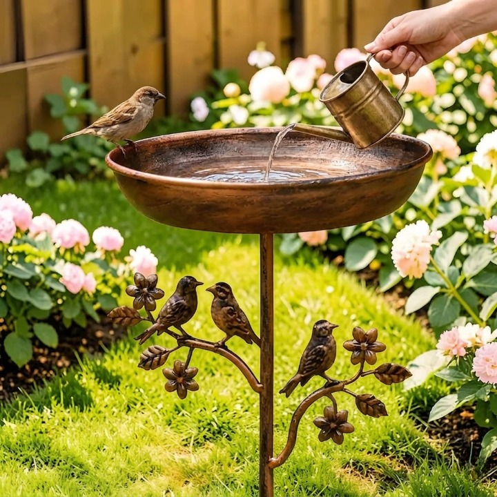 Garden Bird Bath Copper-Look Metal Weatherproof Ground Spike