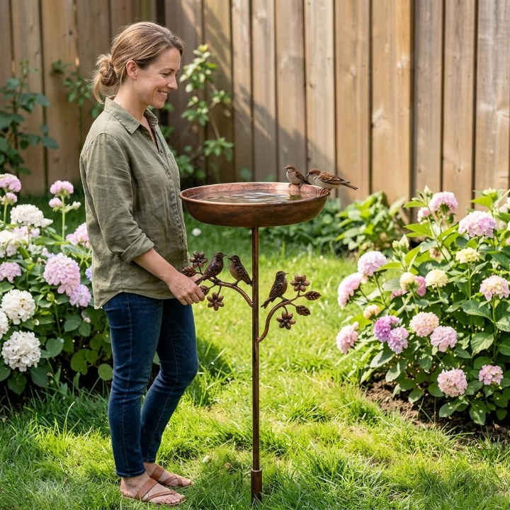 Garden Bird Bath Copper-Look Metal Weatherproof Ground Spike