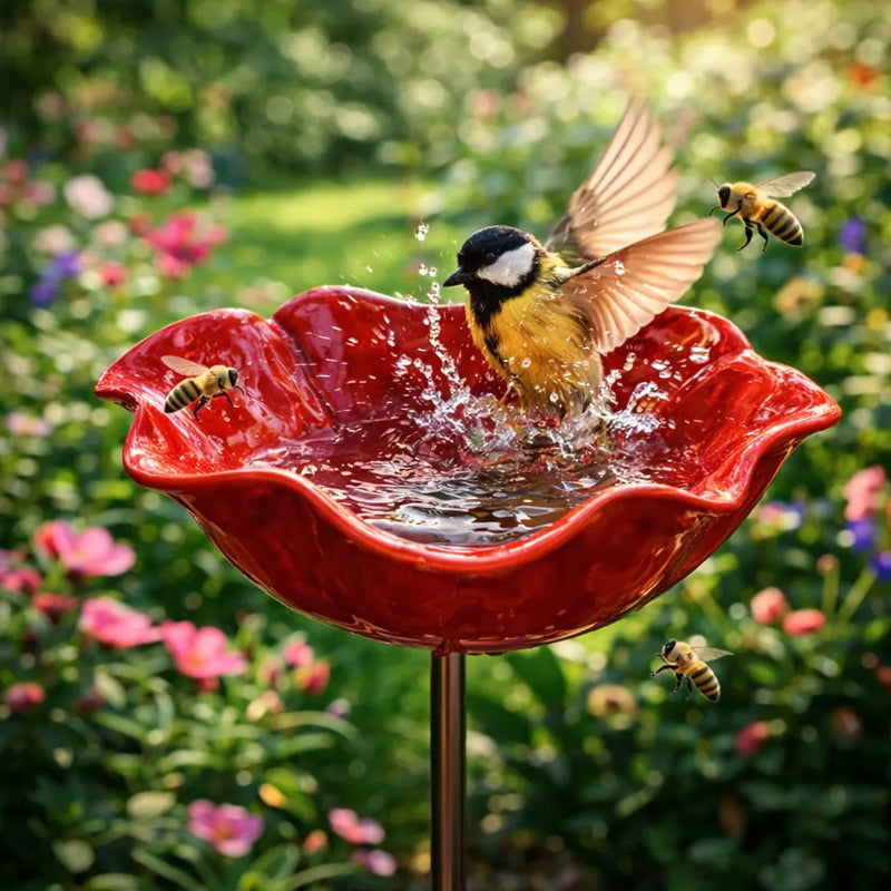 Garden Bird Bath Stake Poppy Blossom Weather-Resistant Metal