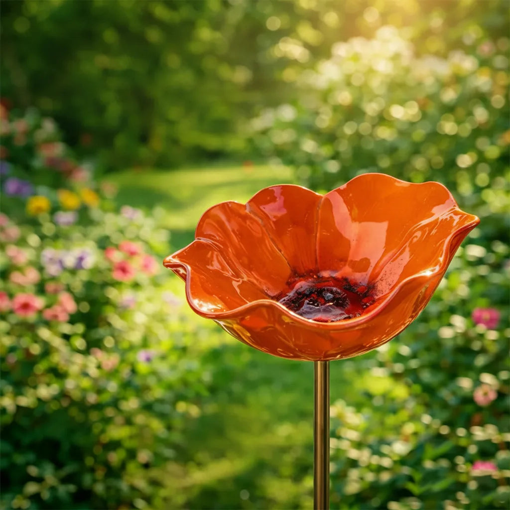 Garden Bird Bath Stake Poppy Blossom Weather-Resistant Metal