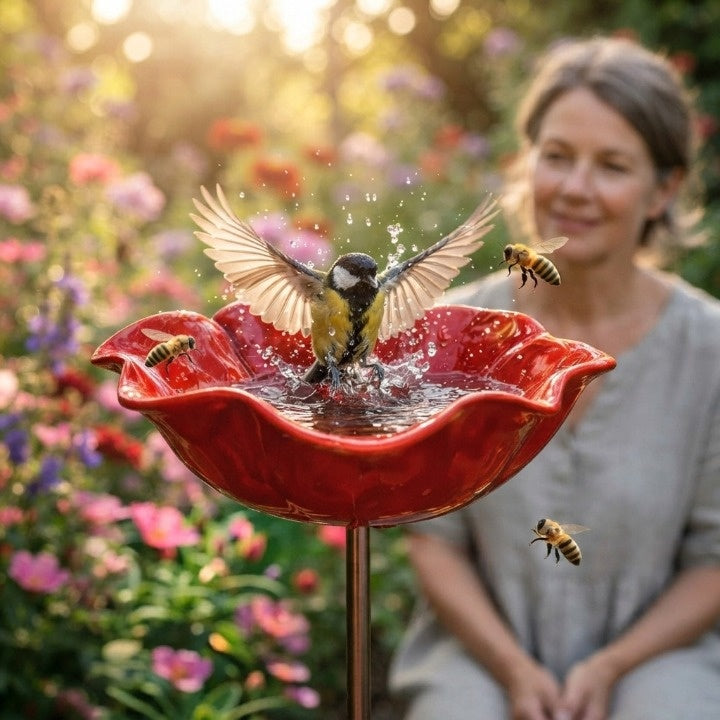 Garden Bird Bath Stake Poppy Blossom Weather-Resistant Metal