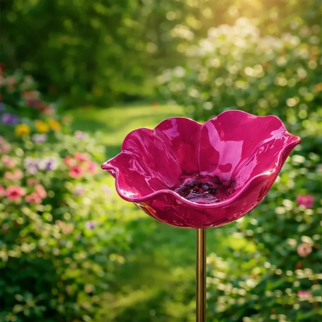 Garden Bird Bath Stake Poppy Blossom Weather-Resistant Metal