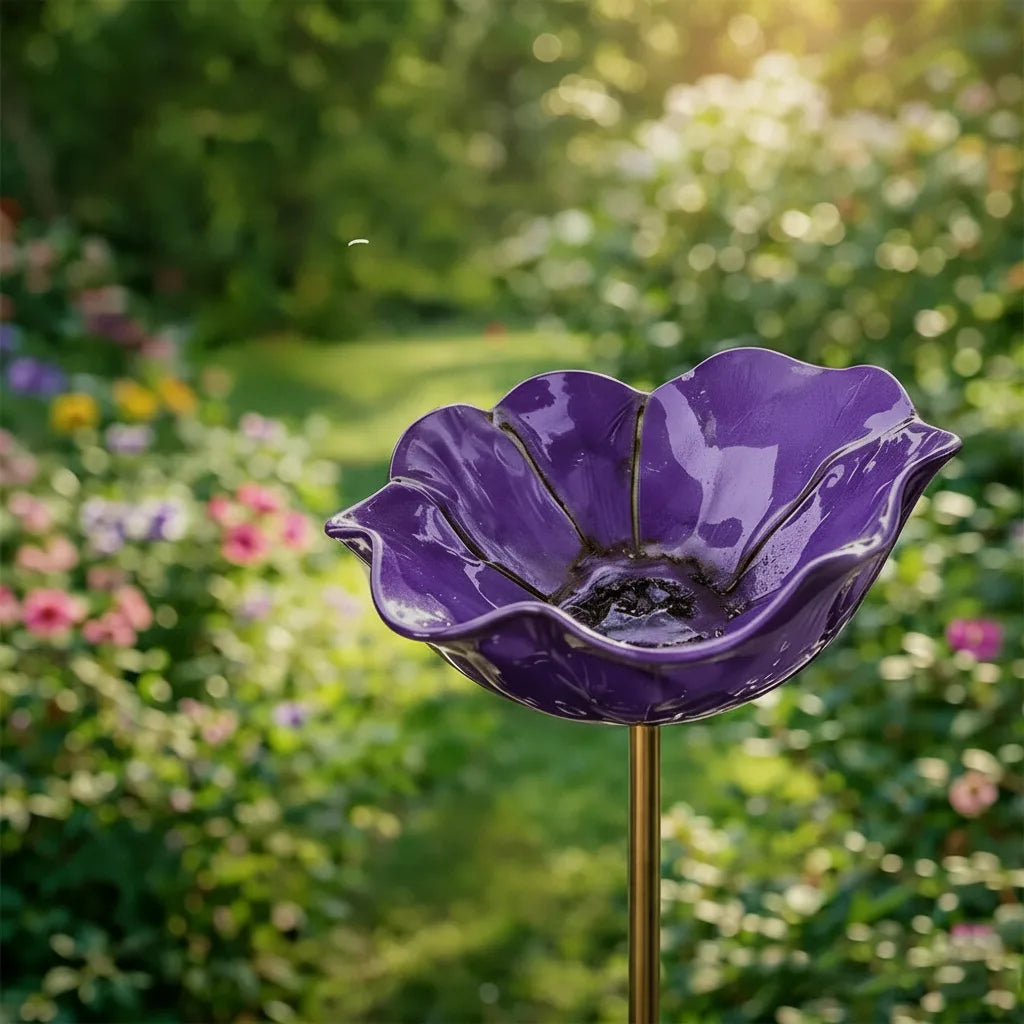 Garden Bird Bath Stake Poppy Blossom Weather-Resistant Metal
