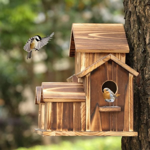 Garden Birdhouse Natural Wood 6 Entrances Weatherproof