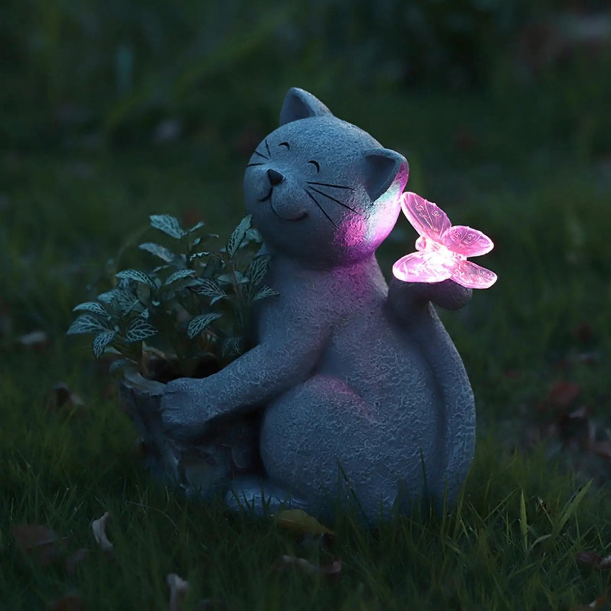 Garden Cat Figurine Solar LED Weatherproof Resin