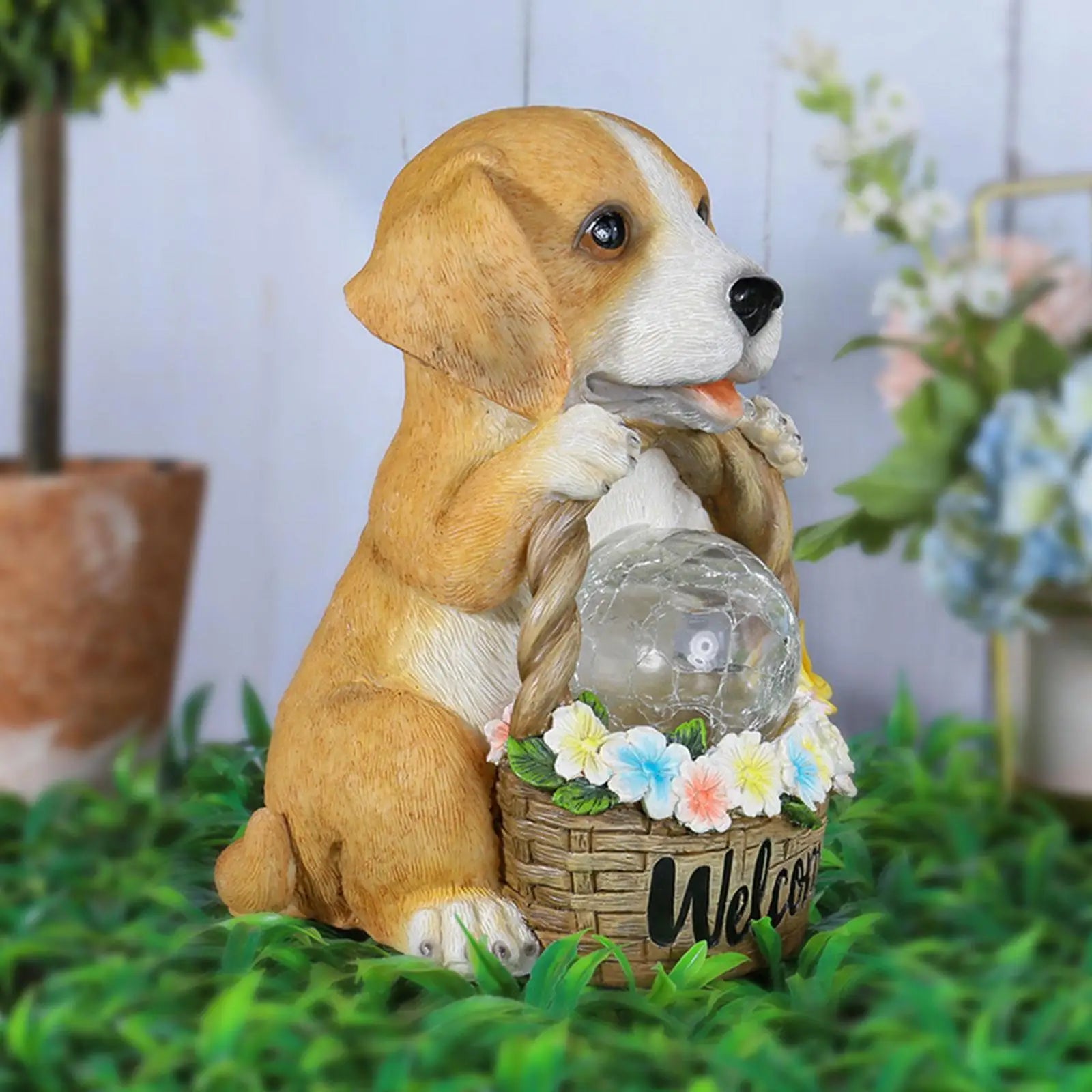 Garden Dog Sculpture Solar-Powered Warm White LED Weatherproof Resin