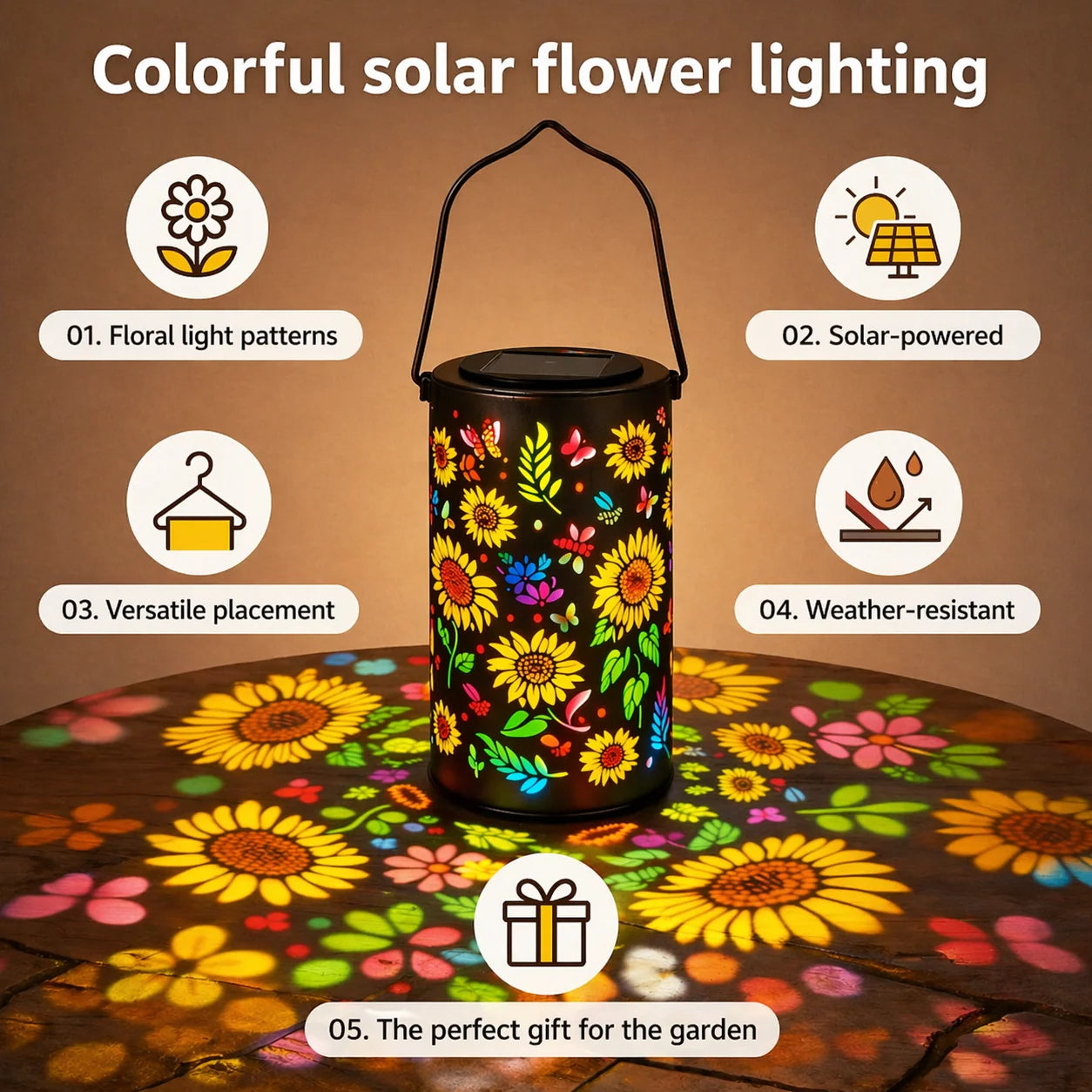 Garden Lantern Solar Flower Projection Warm & Multicolor
