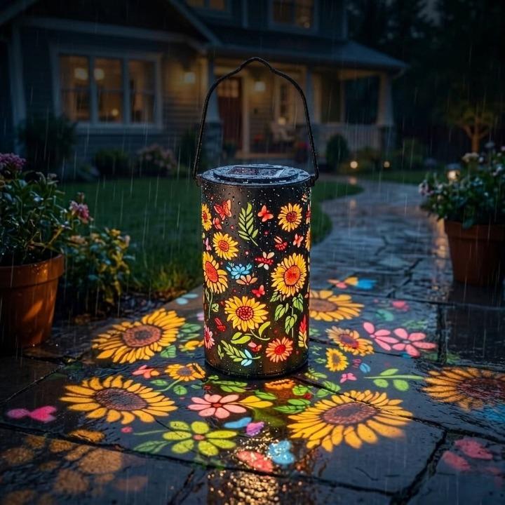Garden Lantern Solar Powered Floral Projection Weatherproof Metal