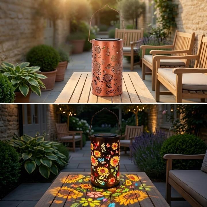 Garden Lantern Solar Powered Floral Projection Weatherproof Metal