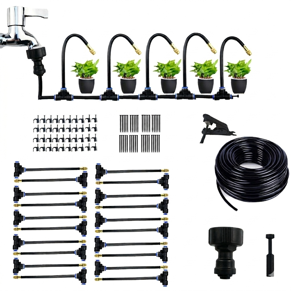 Garden Misting System 20m Hose Adjustable Copper Nozzles