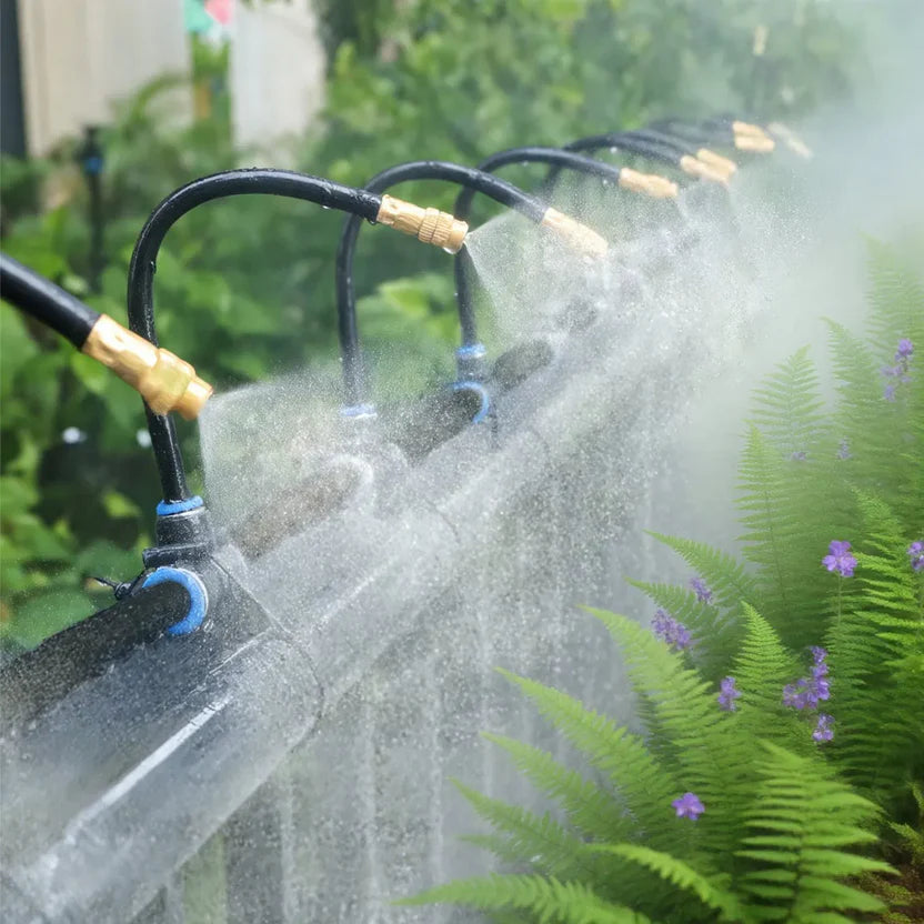 Garden Misting System 20m Hose Brass Nozzles & Quick-Connect