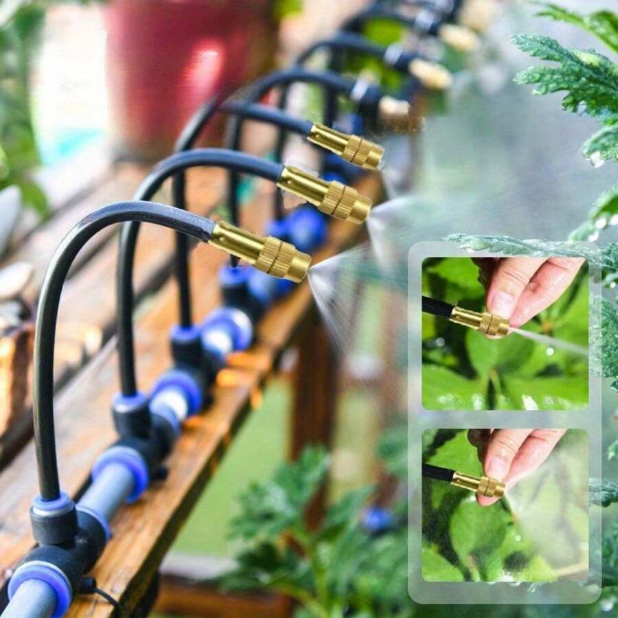 Garden Misting System 20m Hose Brass Nozzles & Quick-Connect