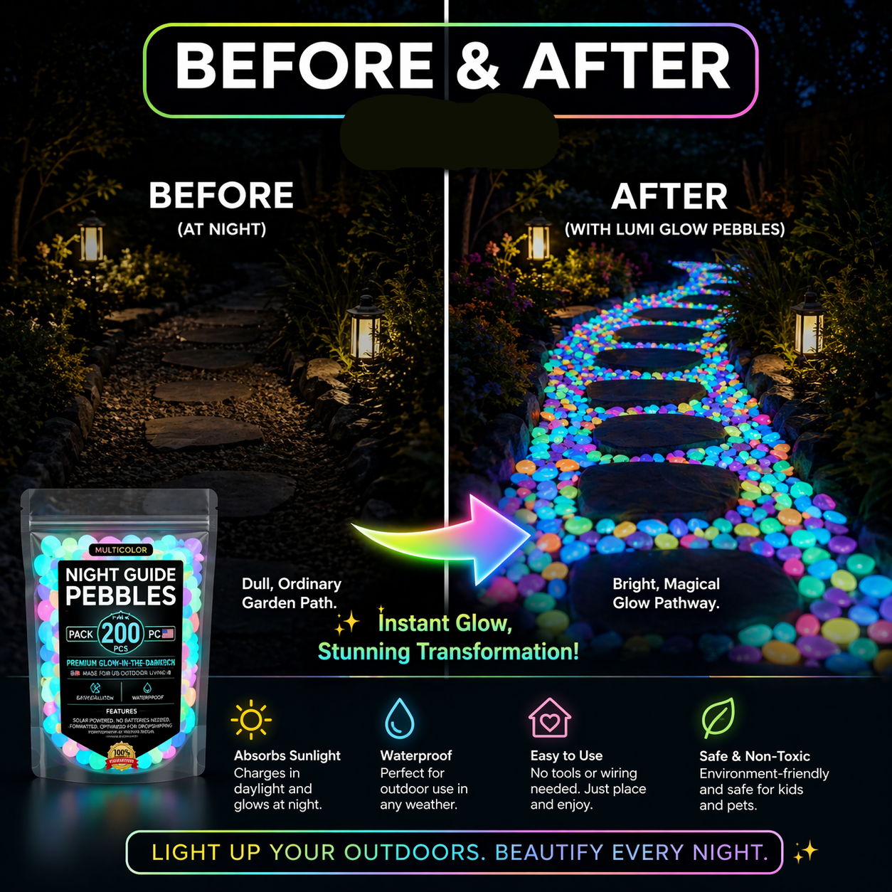 Garden Pebbles Glowing Up To 10 Hours Non-Toxic Resin
