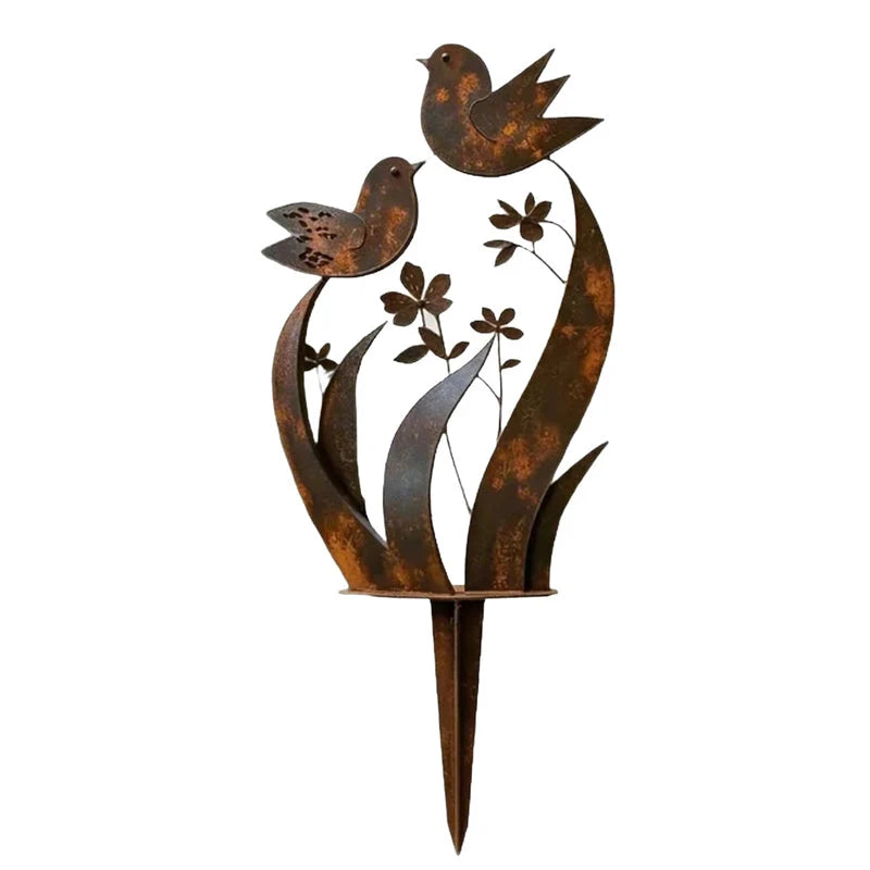 Garden Stake Bird & Blossom Iron Rust Brown Patina