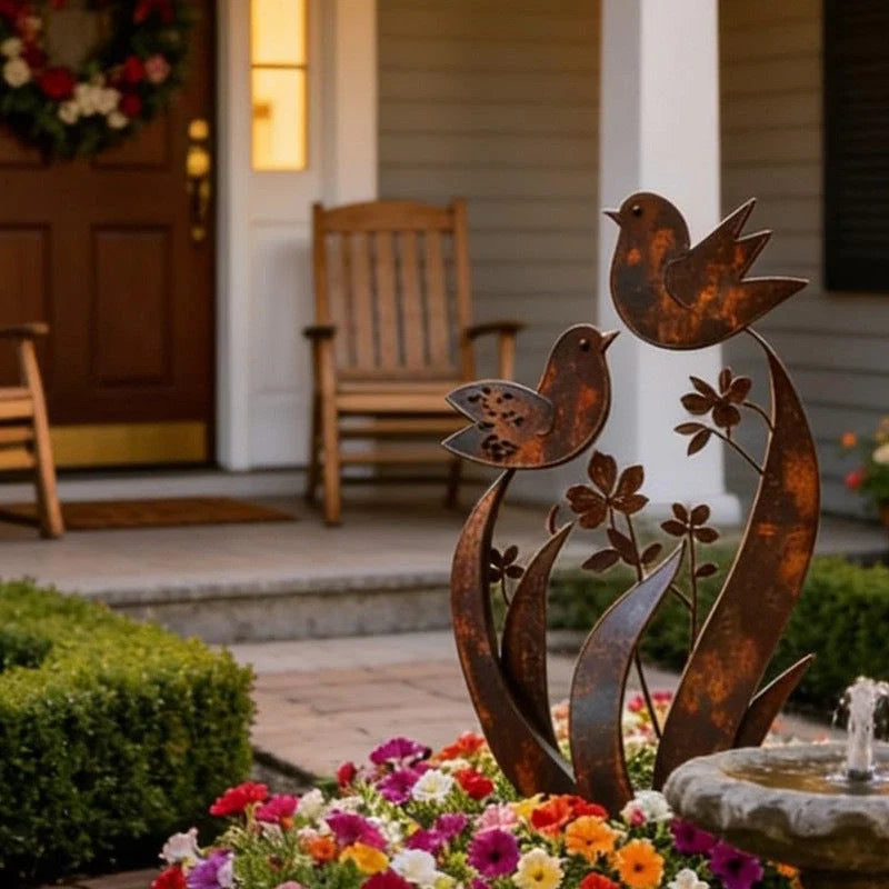 Garden Stake Bird & Blossom Iron Rust Brown Patina