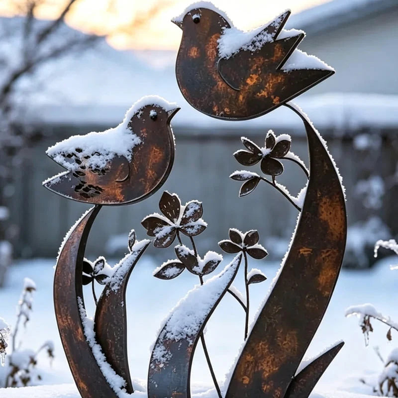 Garden Stake Bird & Blossom Iron Rust Brown Patina