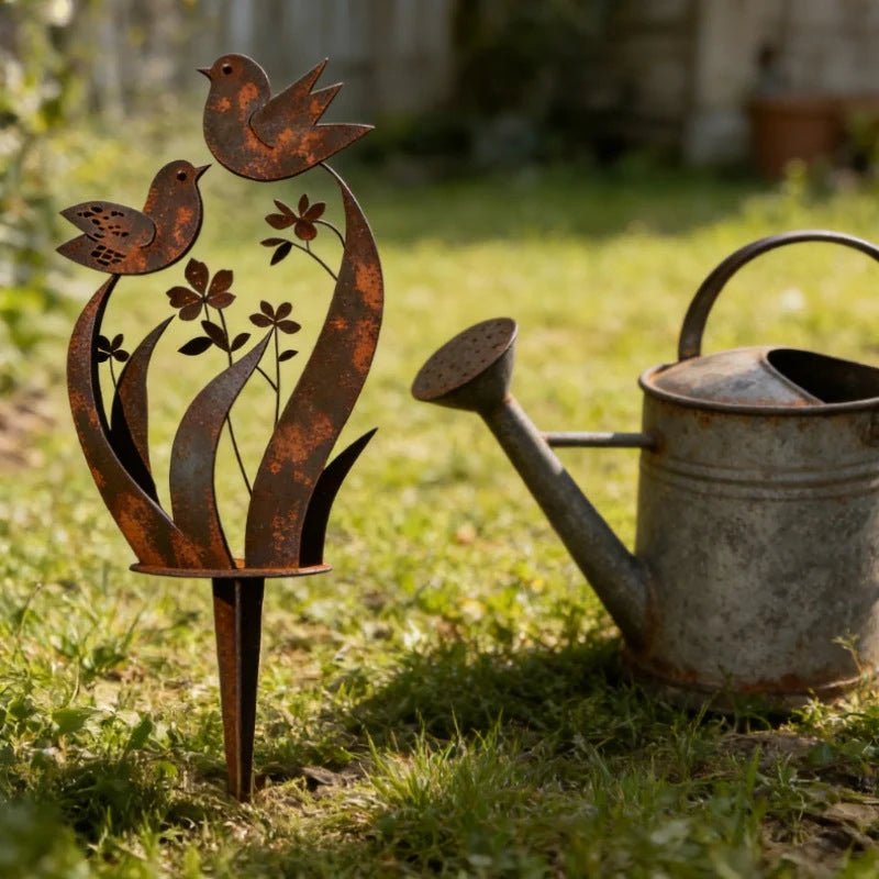 Garden Stake Bird & Blossom Iron Rust Brown Patina