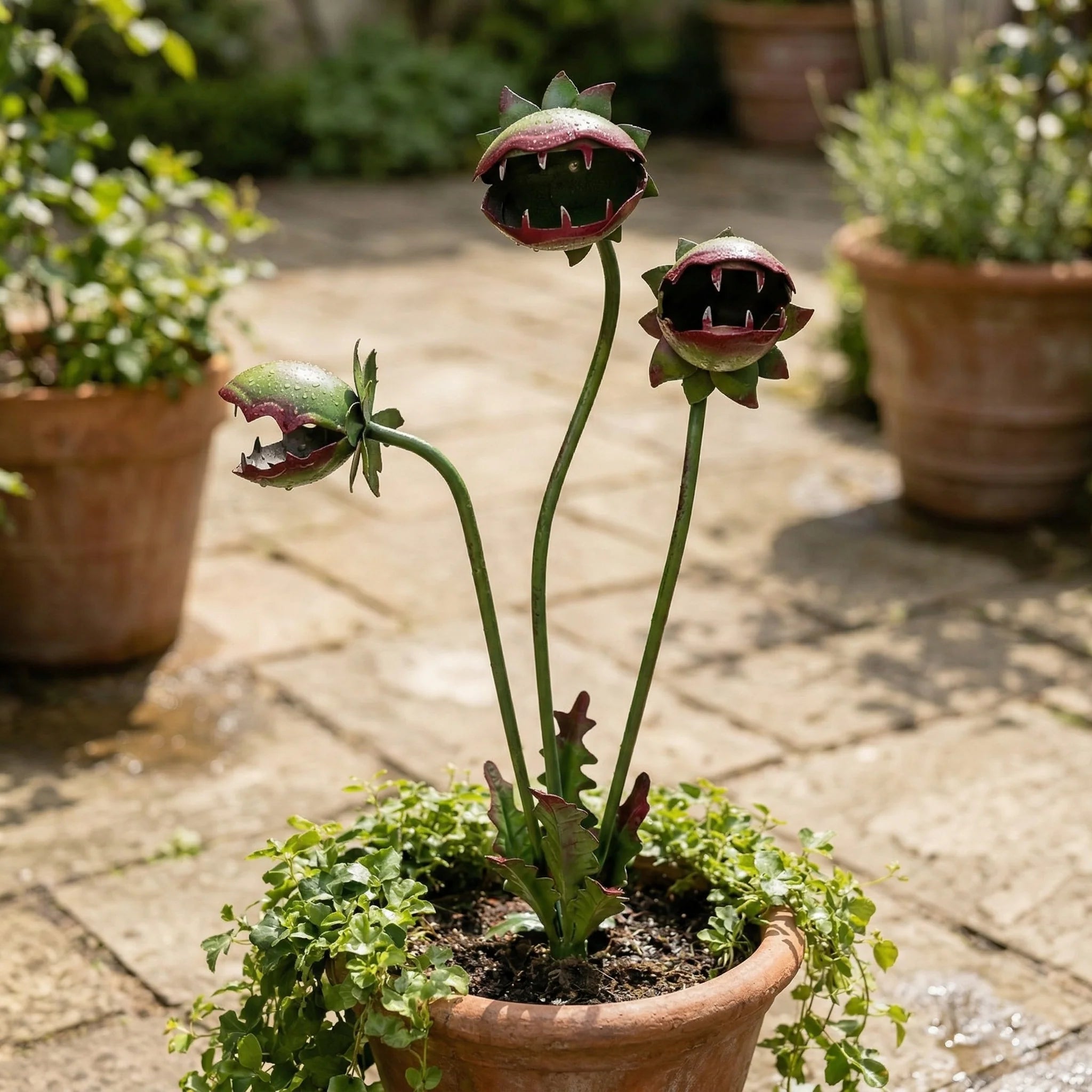Garden Stake Carnivorous Plant Design Weather-Resistant Metal