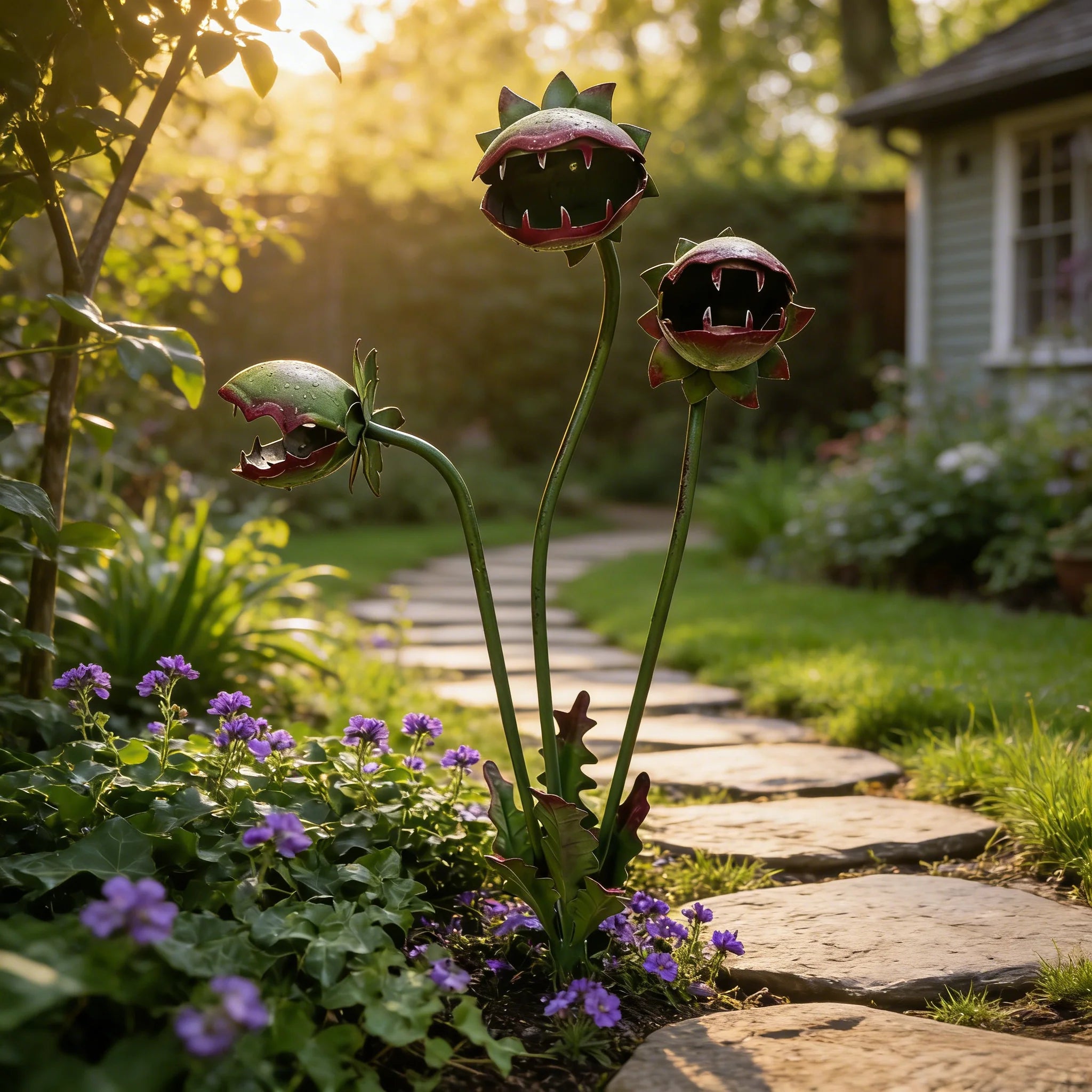 Garden Stake Carnivorous Plant Design Weather-Resistant Metal