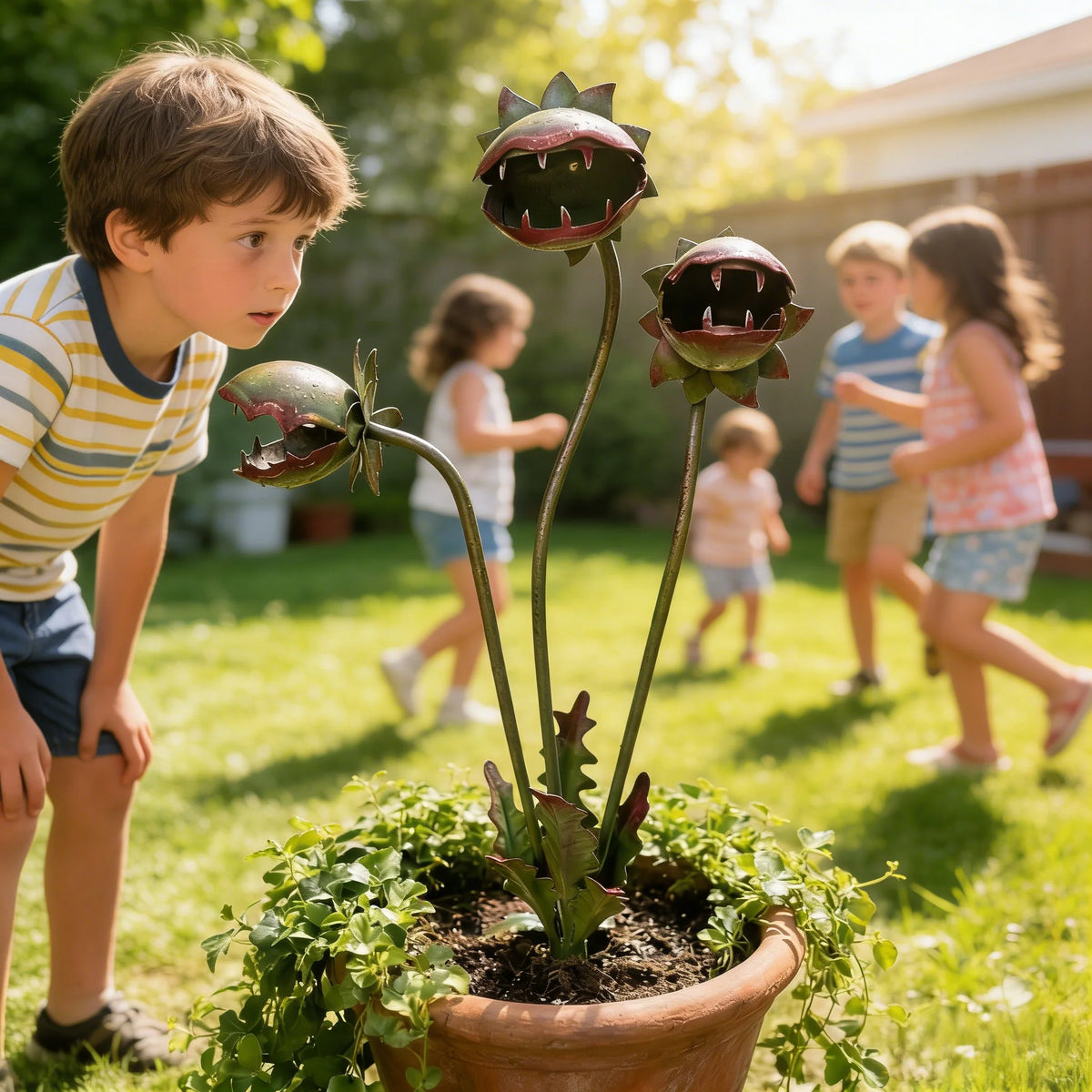Garden Stake Carnivorous Plant Design Weather-Resistant Metal
