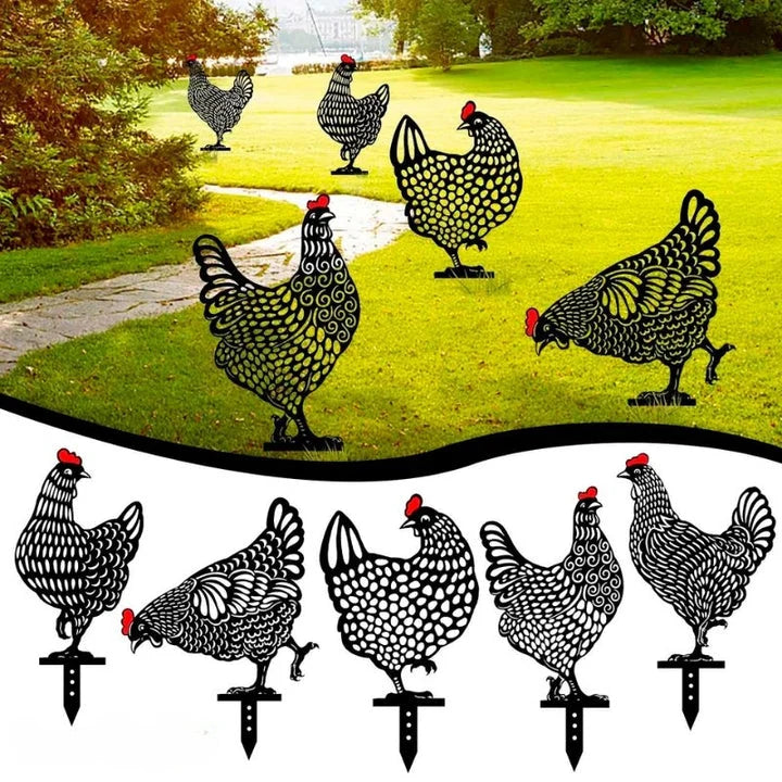 Garden Stake Set Five Chicken Silhouettes UV-Stable Acrylic