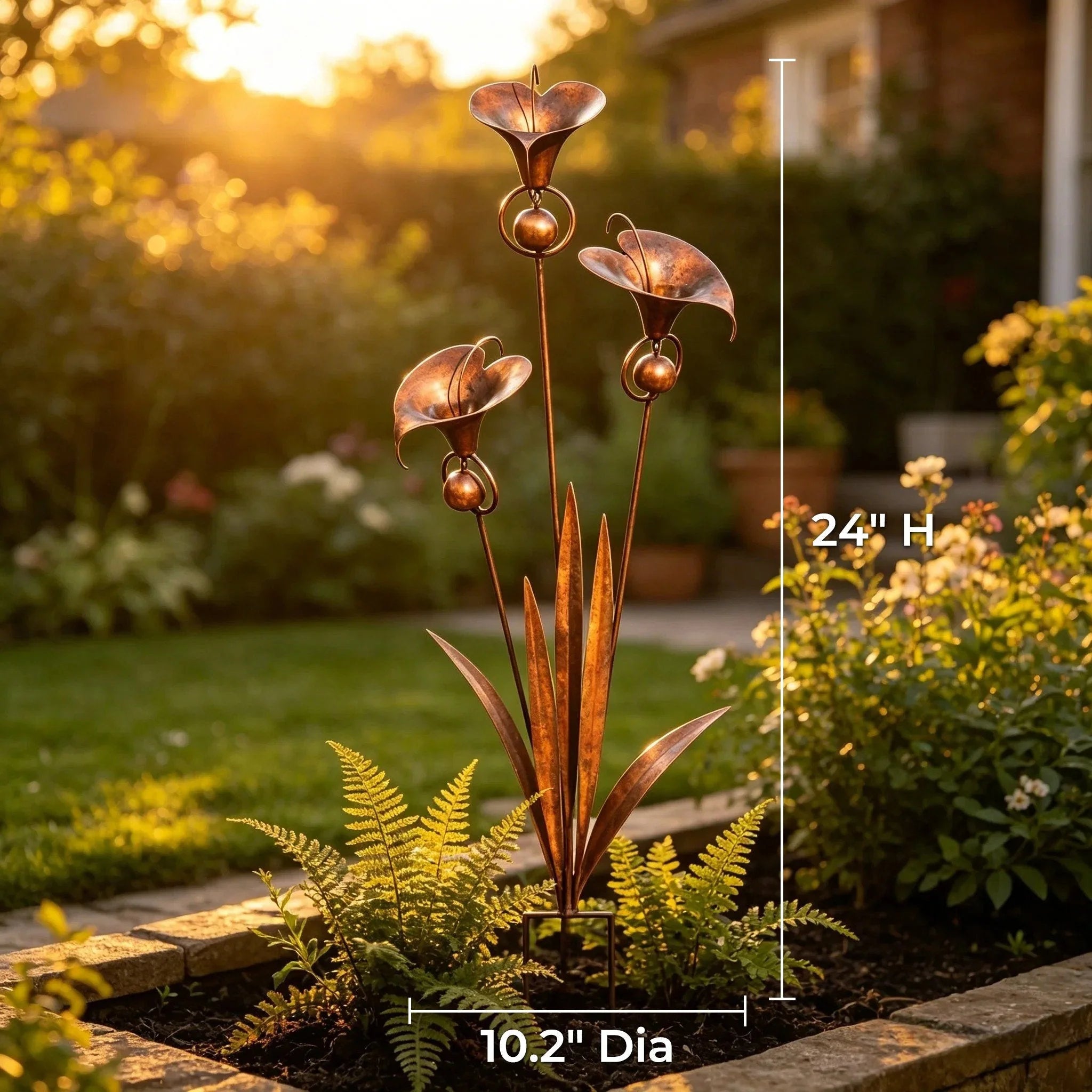 Garden Stake Three Calla Lilies Copper Finish With Bells