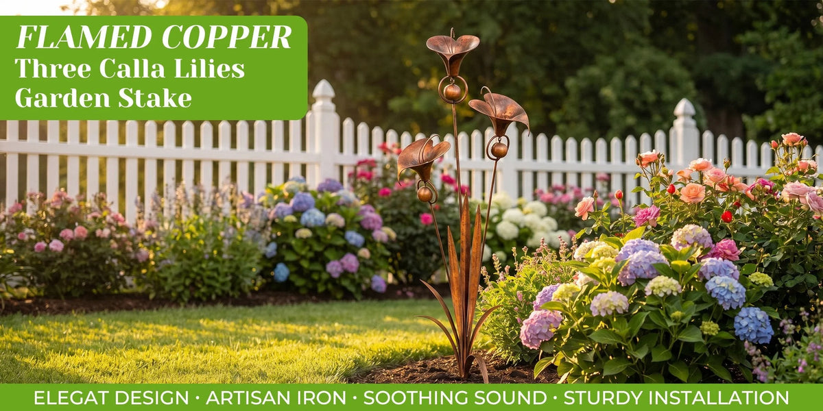 Garden Stake Three Calla Lilies Copper Finish With Bells