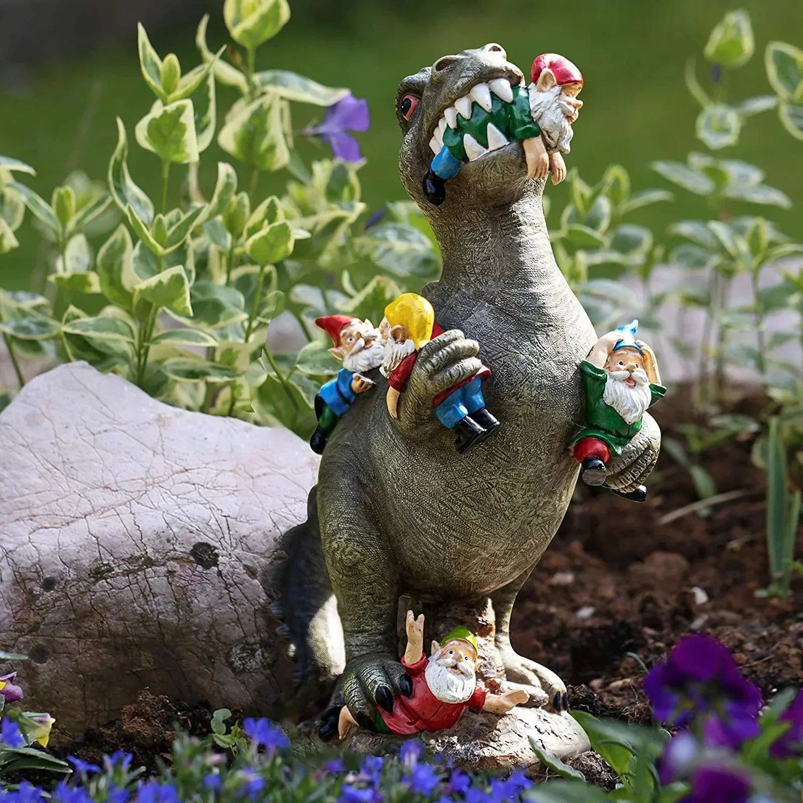 Garden Statue T-Rex Devouring Gnomes Weatherproof Resin Hand-Painted