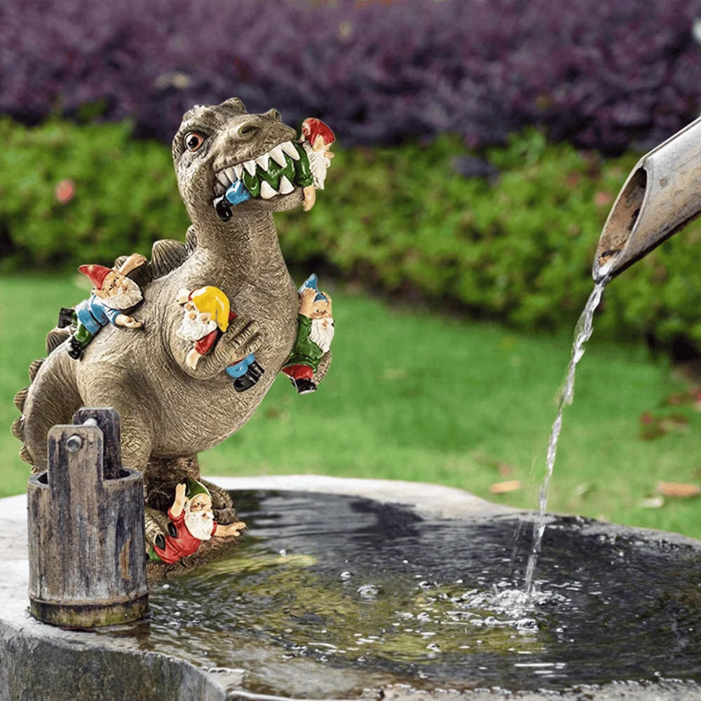 Garden Statue T-Rex Devouring Gnomes Weatherproof Resin Hand-Painted