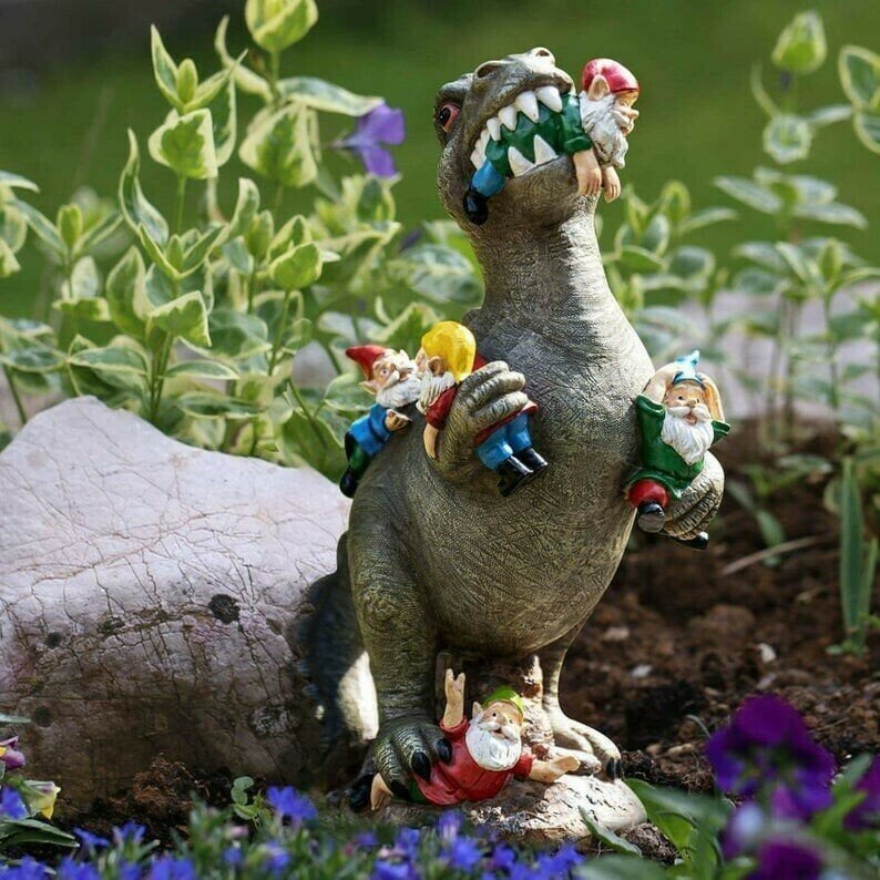 Garden Statue T-Rex Devouring Gnomes Weatherproof Resin Hand-Painted
