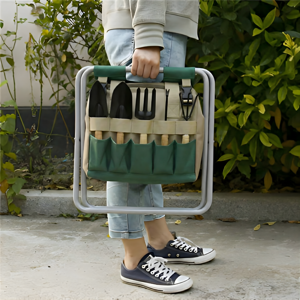 Garden Tool Set 8-Piece Rust-Resistant Stainless Steel & Folding Stool