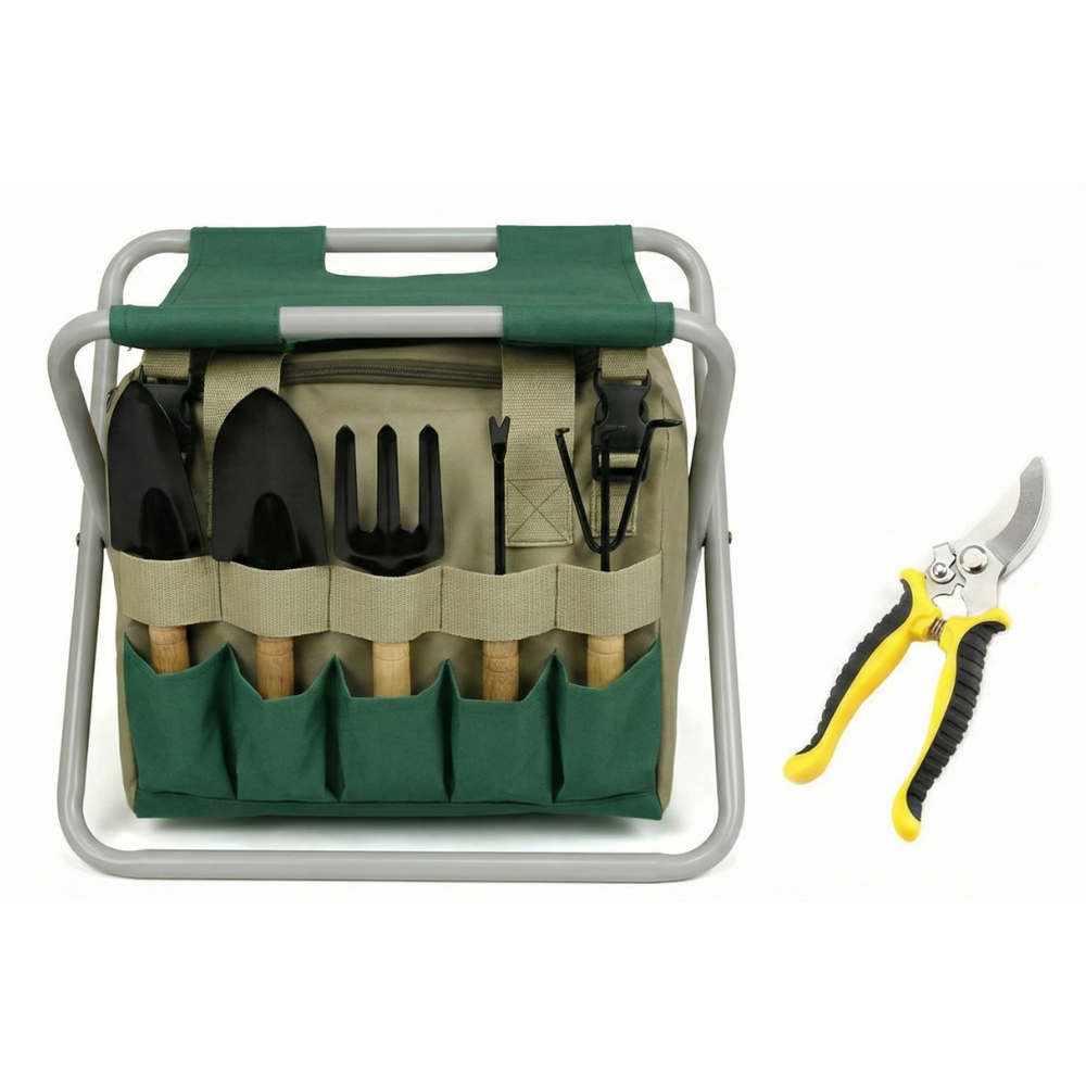 Garden Tool Set 8-Piece Rust-Resistant Stainless Steel & Folding Stool
