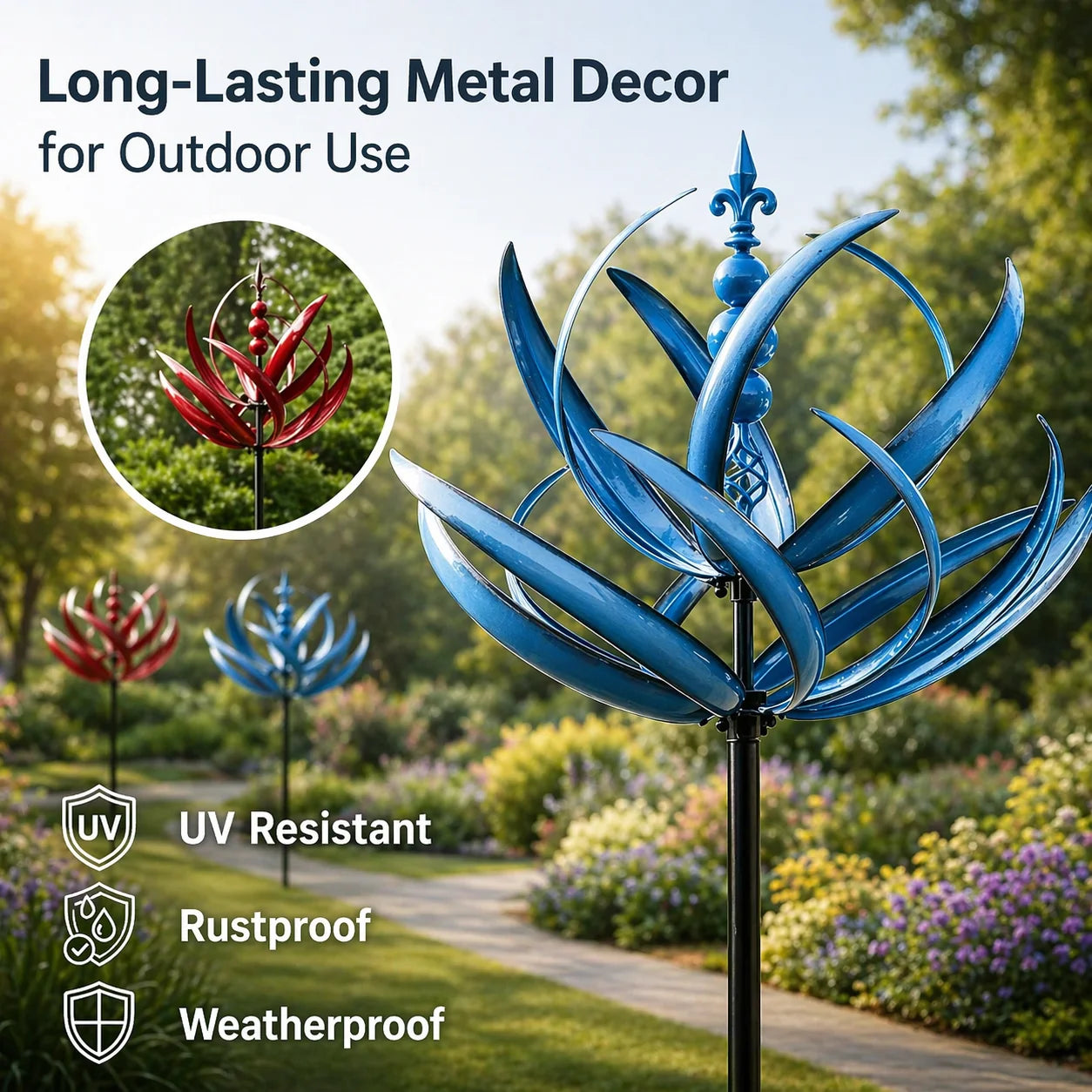 Garden Wind Spinner Lotus Design Rust-Resistant Metal