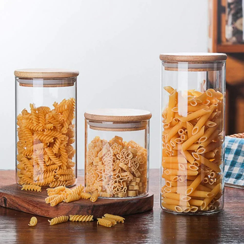 Glass Storage Jars Airtight Wooden Lids Set of 5
