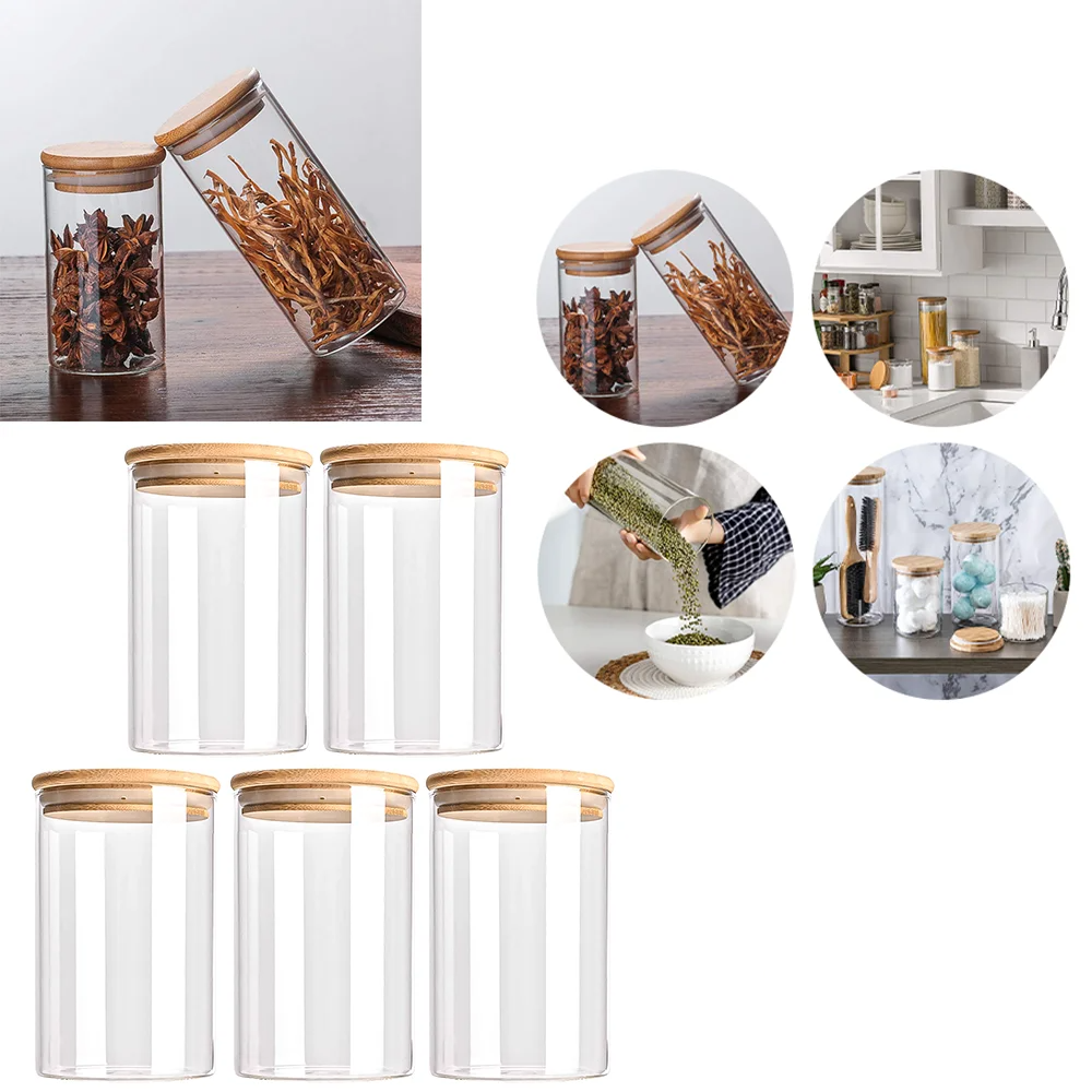Glass Storage Jars Airtight Wooden Lids Set of 5