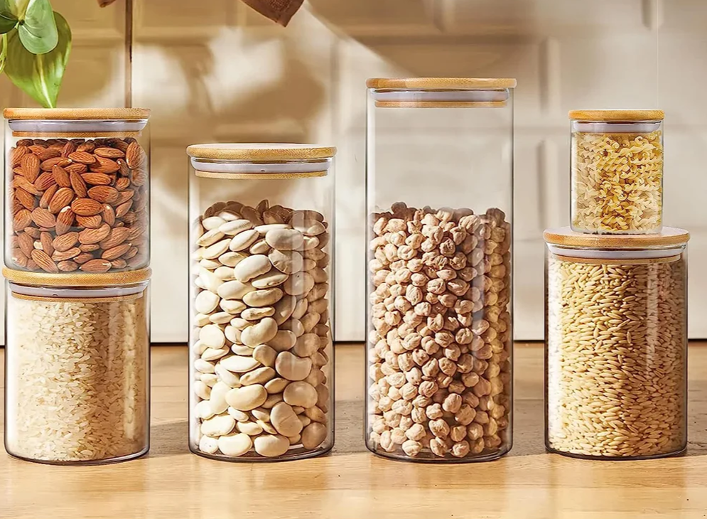 Glass Storage Jars Airtight Wooden Lids Set of 5