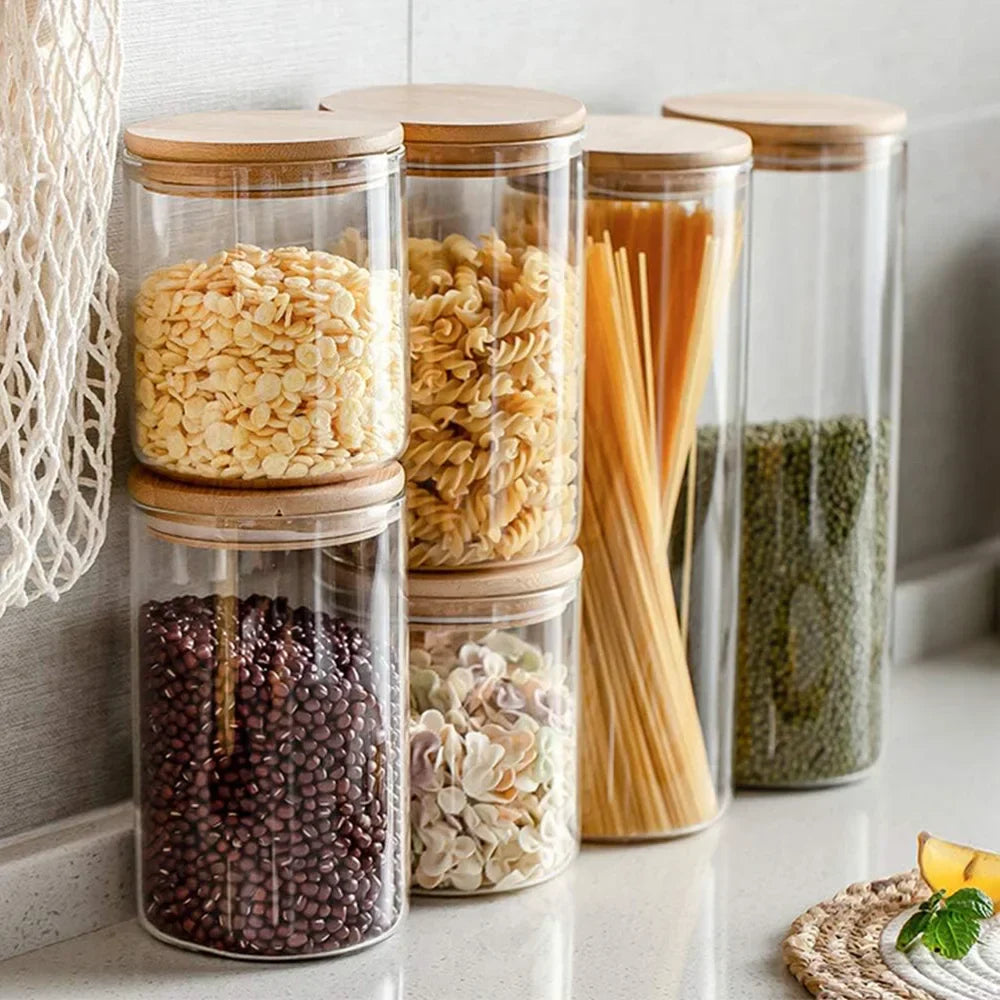 Glass Storage Jars Airtight Wooden Lids Set of 5