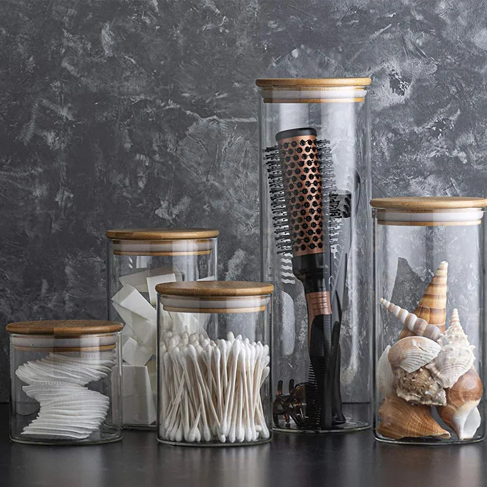 Glass Storage Jars Airtight Wooden Lids Set of 5