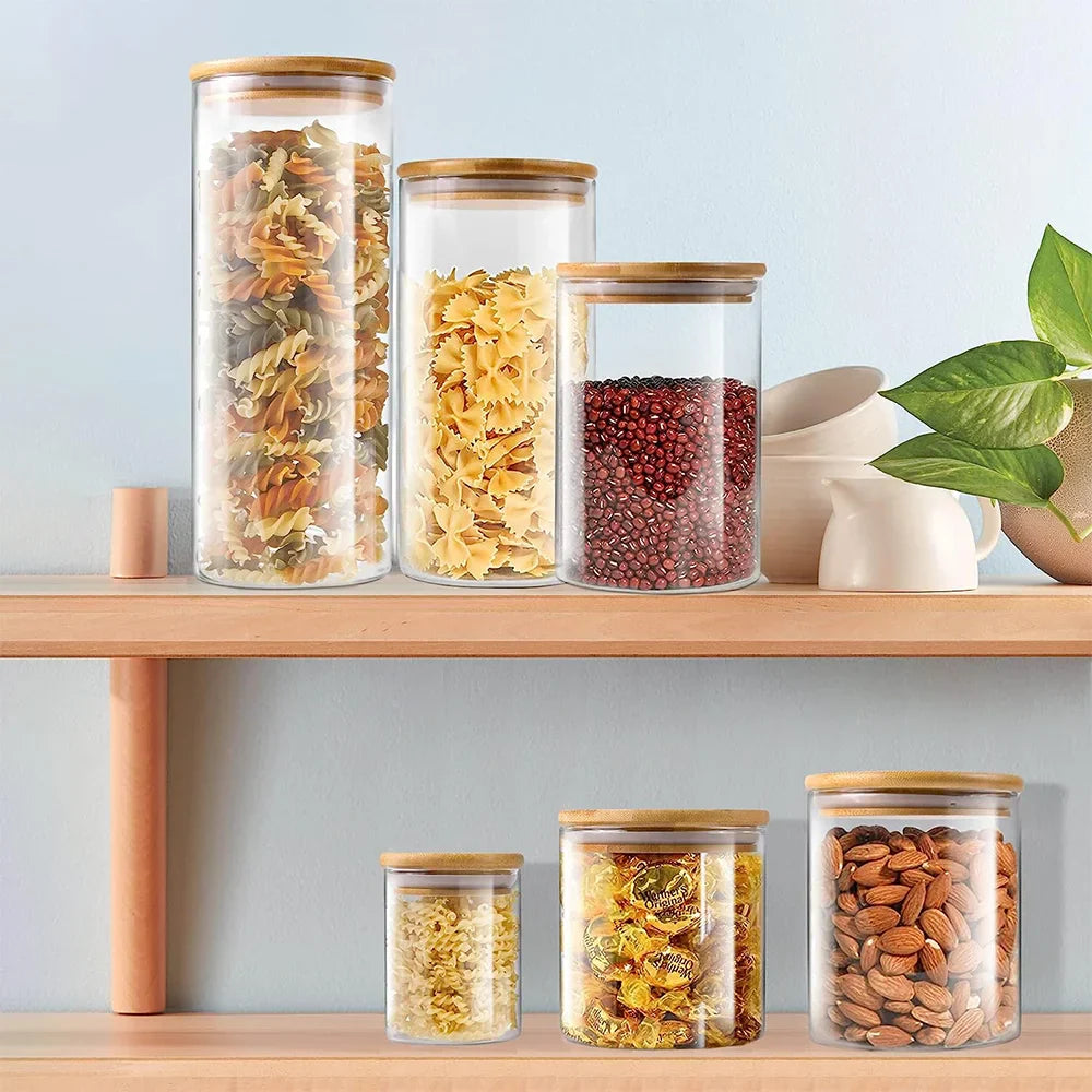 Glass Storage Jars Airtight Wooden Lids Set of 5