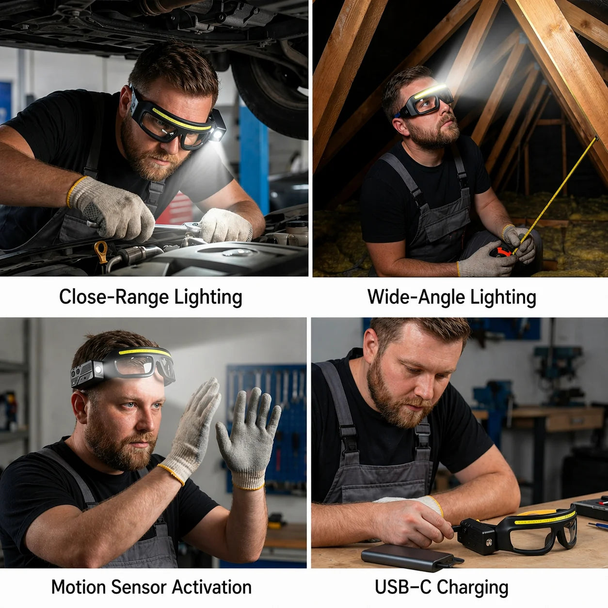 Glasses-Mounted Work Light Hands-Free Motion Sensor USB-C Rechargeable