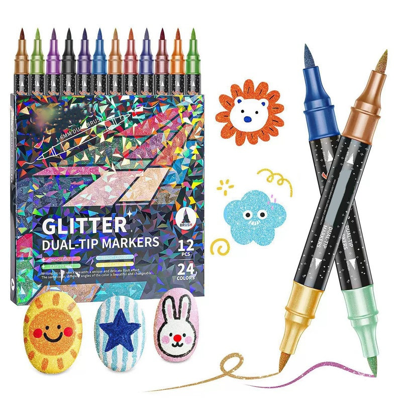 Glitter Marker Set Dual-Tip Shimmer Ink Non-Toxic