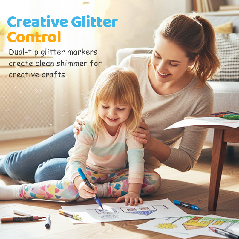 Glitter Marker Set Dual-Tip Shimmer Ink Non-Toxic