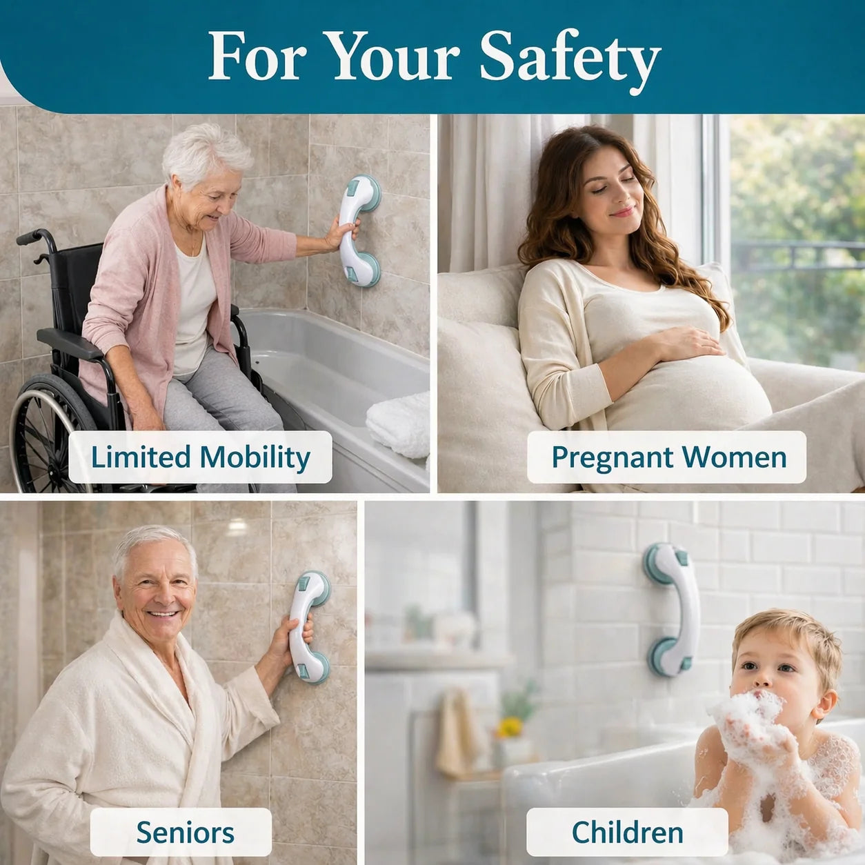 Grab Bar Suction Mount Ergonomic Curved Handle 176 lbs