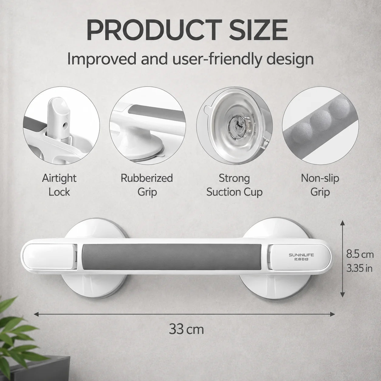Grab Bar Suction Mount Lock & Textured Non-Slip Grip