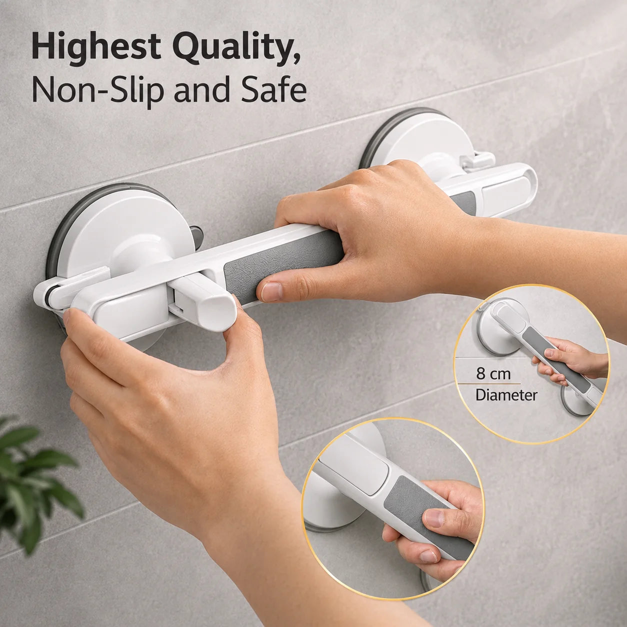 Grab Bar Suction Mount Lock & Textured Non-Slip Grip