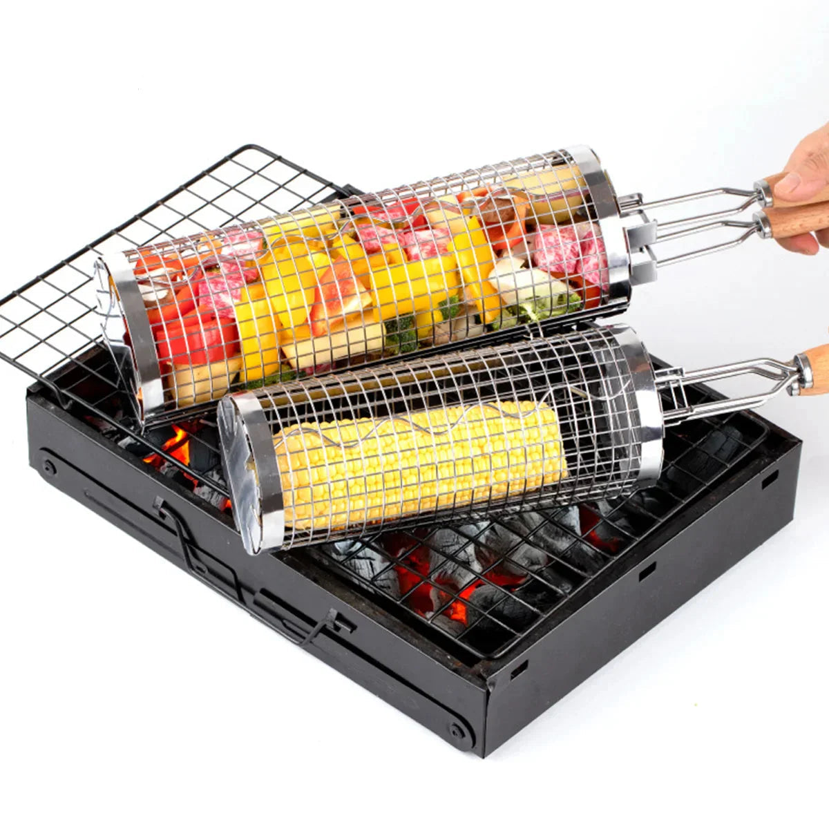 Grill Basket 360 Degree Rotating Stainless Steel Wooden Handle