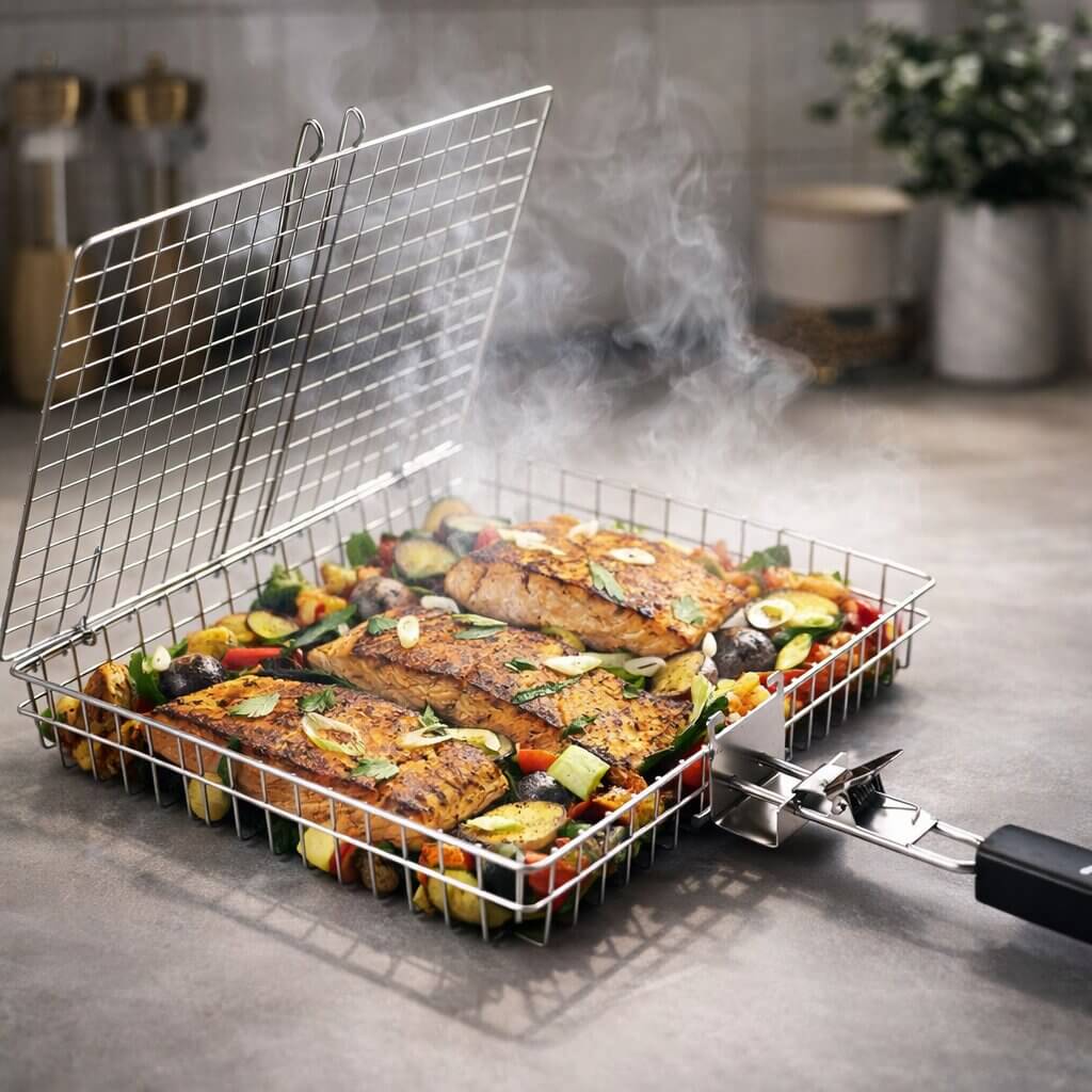 Grill Basket Stainless Steel Grid Handle Dishwasher Safe