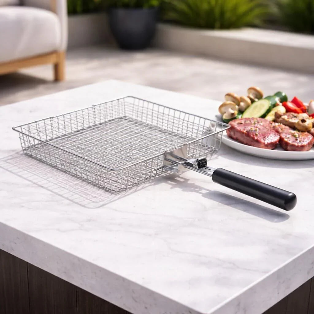 Grill Basket Stainless Steel Grid Handle Dishwasher Safe